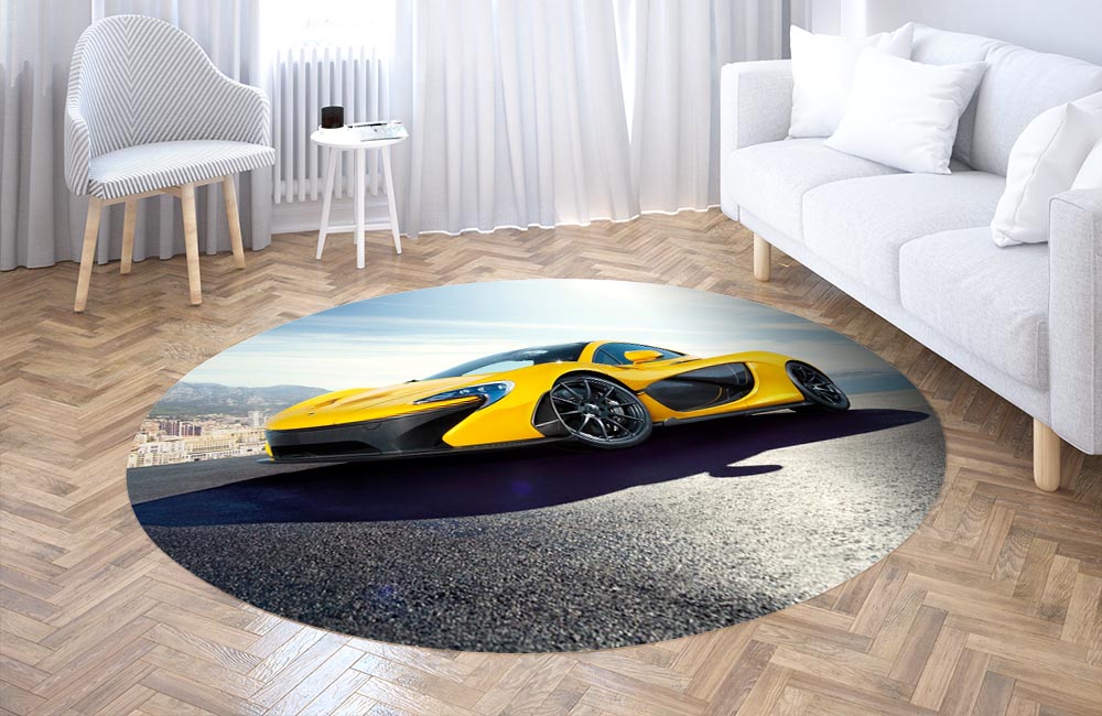3D Ковер «Желтый спортивный автомобиль в лучах солнца» Круглый 3