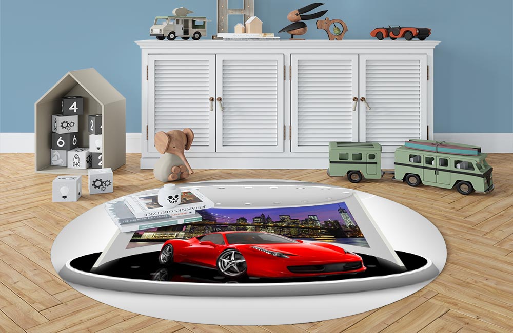 3D Ковер «Красное авто на выставочном стенде» Овальный 3