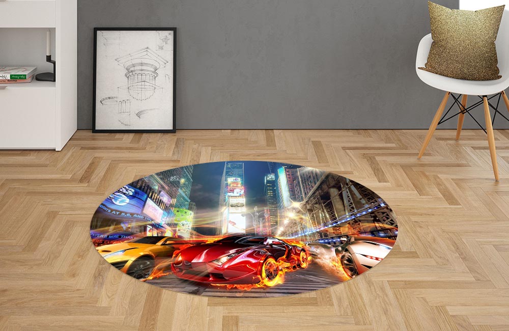 3D Ковер «Тачки с пылающими колесами на фоне Таймс Сквер» Овальный 2