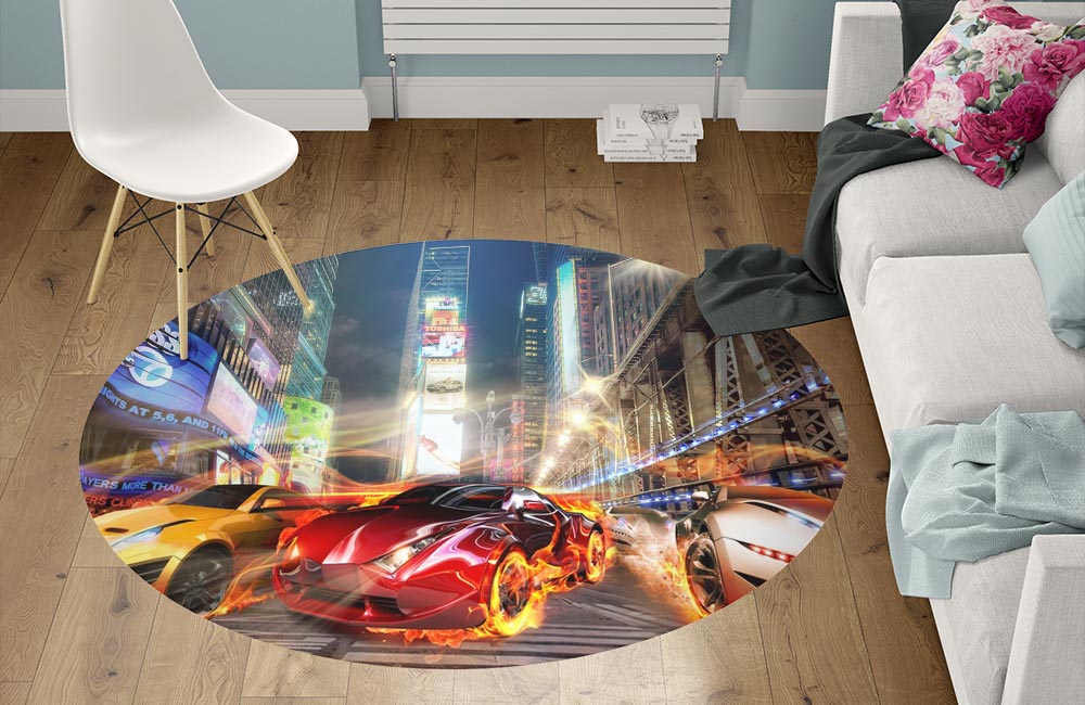 3D Ковер «Тачки с пылающими колесами на фоне Таймс Сквер» Круглый 1