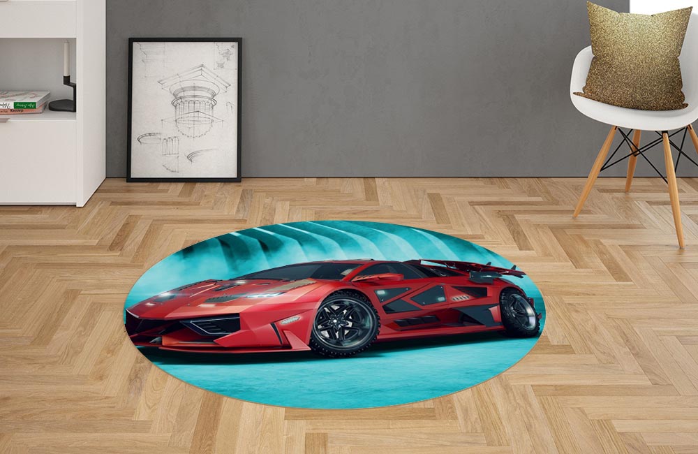 3D Ковер «Красное авто на бирюзовом фоне» Овальный 2