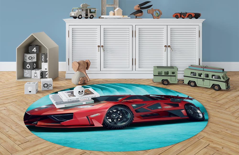 3D Ковер «Красное авто на бирюзовом фоне» Овальный 3