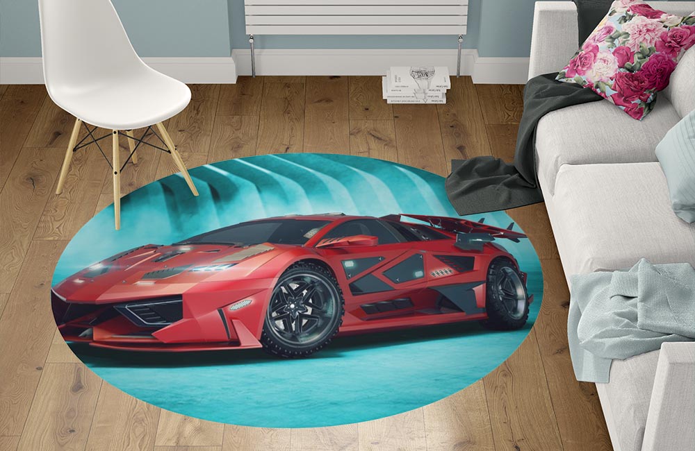 3D Ковер «Красное авто на бирюзовом фоне» Круглый 1