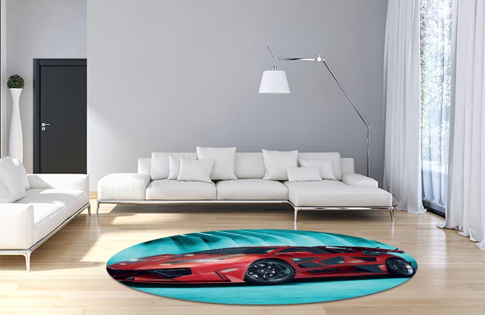 3D Ковер «Красное авто на бирюзовом фоне» Круглый 4