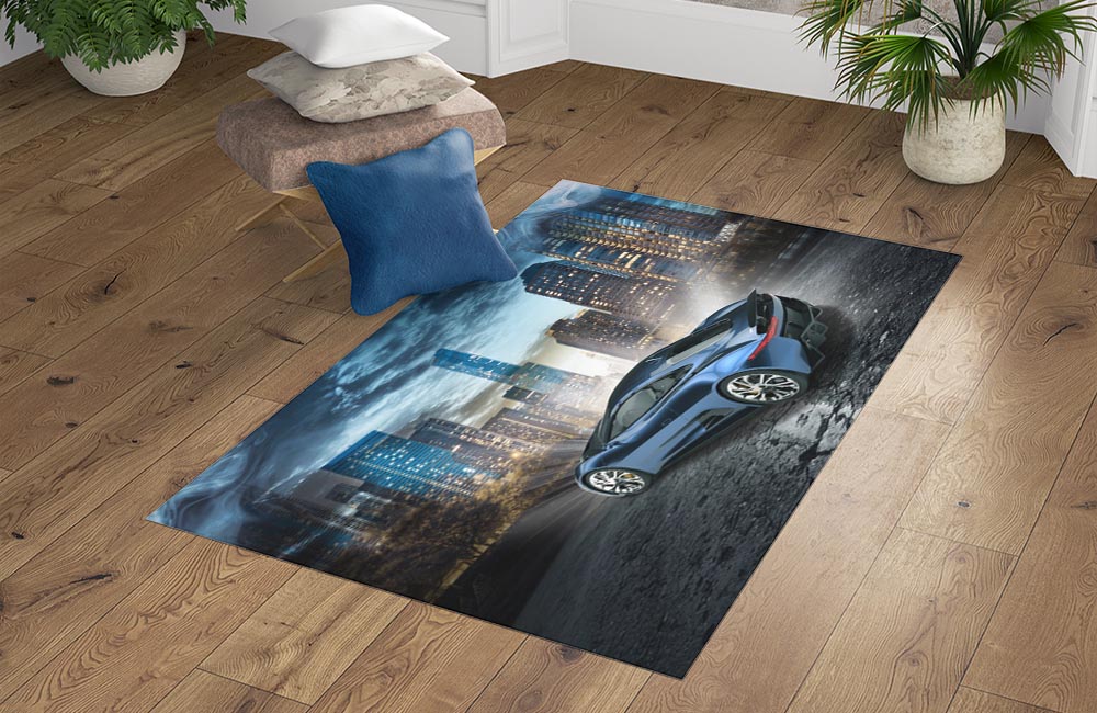 3D Ковер «Синее авто с видом на ночной город» Прямоугольный 4