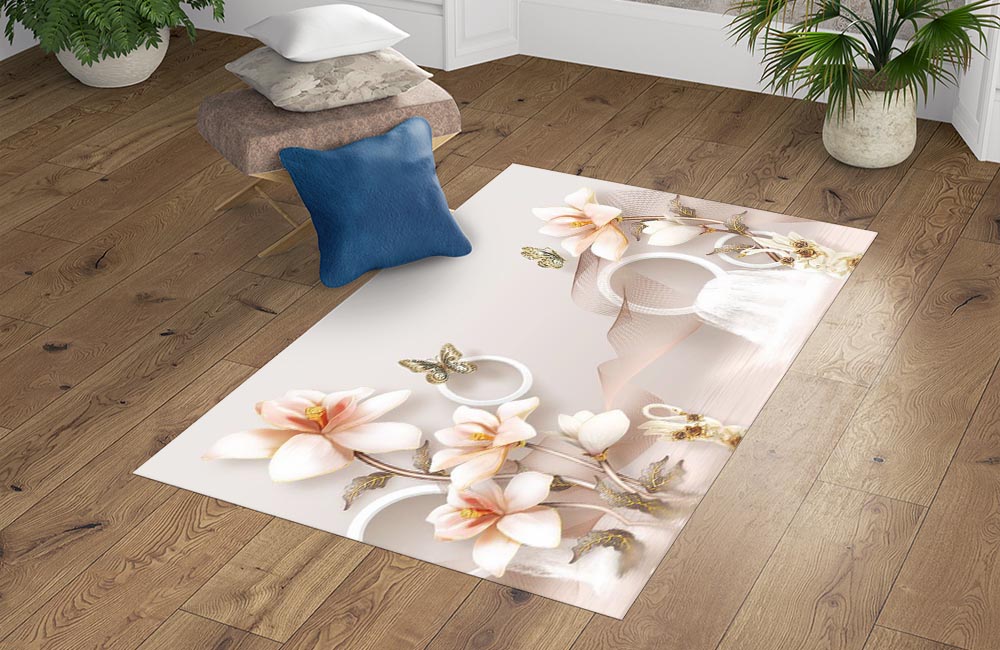 3D Ковер «Объемные орхидеи с бабочками и лебедями» Прямоугольный 4