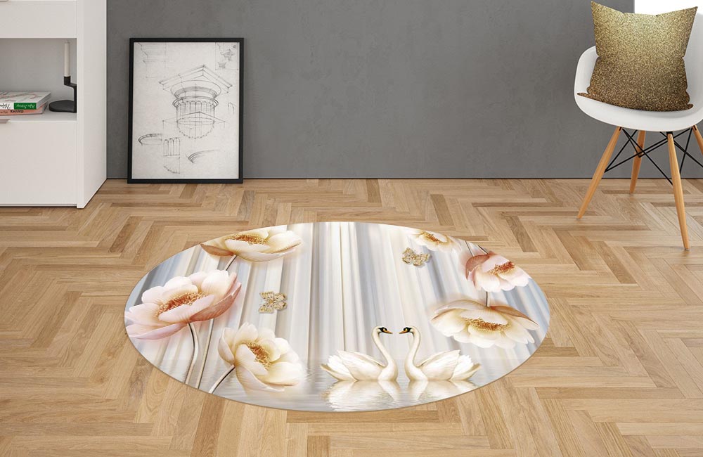 3D Ковер «Лебеди с объемными цветами и бабочками» Овальный 2