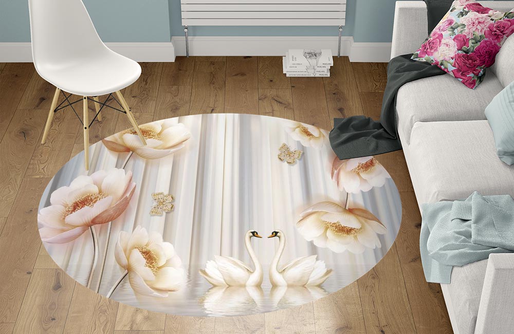 3D Ковер «Лебеди с объемными цветами и бабочками» Круглый 1
