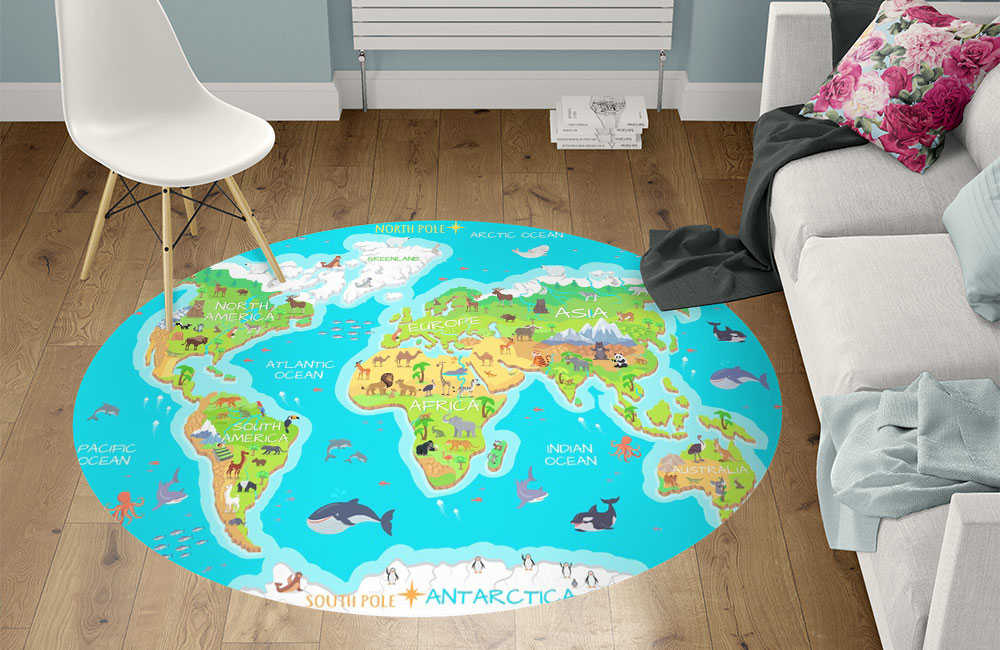 3D Ковер «Яркая карта мира» Круглый 1