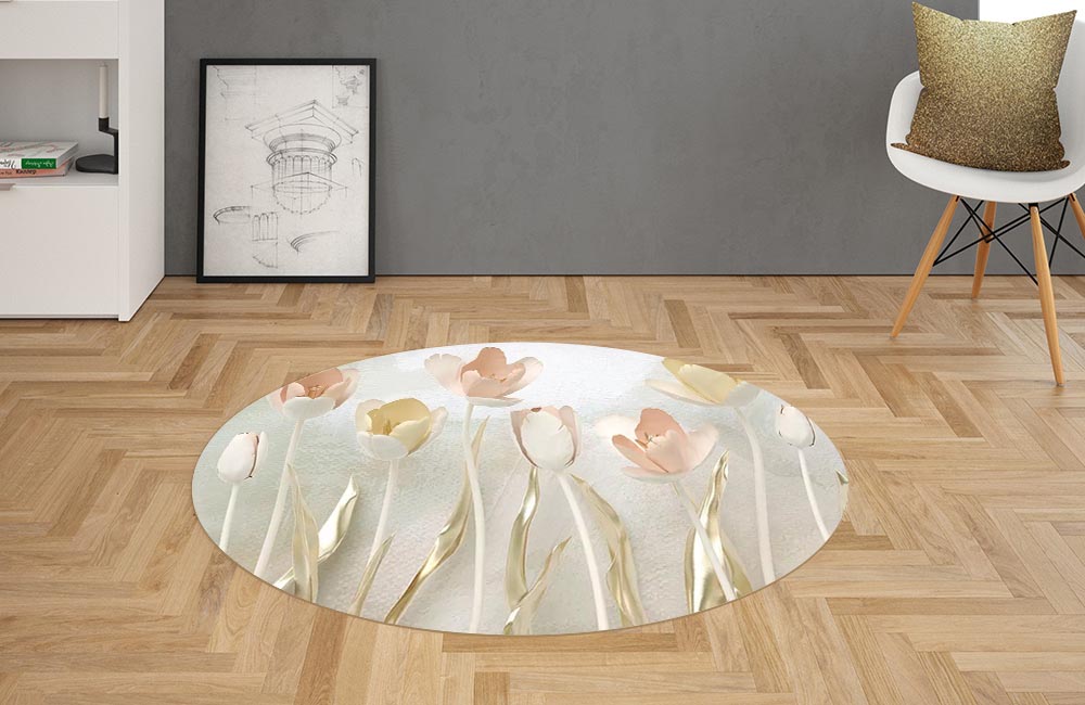 3D Ковер «Персиковые тюльпаны с позолотой» Овальный 2