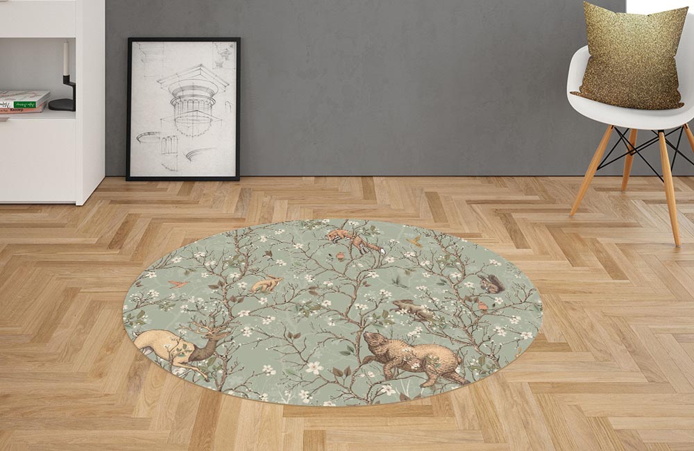 3D Ковер  «Сказочная иллюстрация с животными в оливковых тонах» Овальный 2