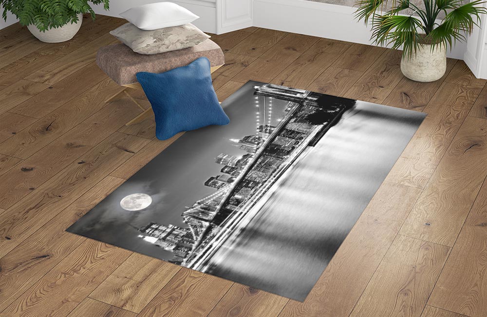3D Ковер «Черно белая инсталляция с полной луной над бруклинским мостом» Прямоугольный 4