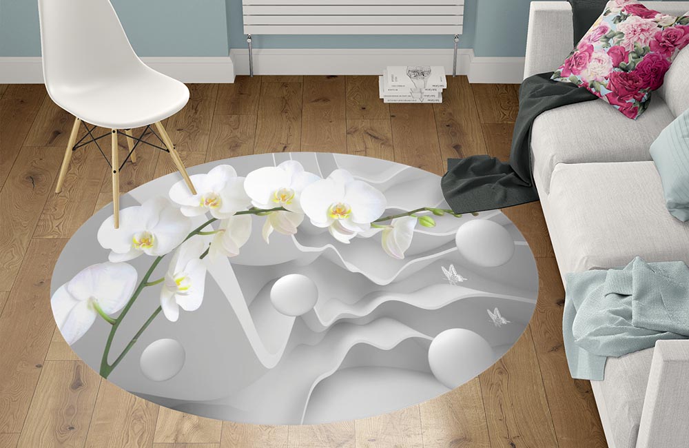 3D Ковер «Белая орхидея на объемном фоне»  Круглый 1