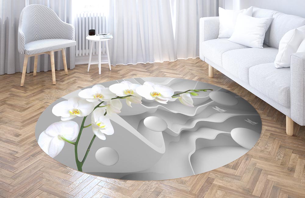 3D Ковер «Белая орхидея на объемном фоне»  Круглый 3