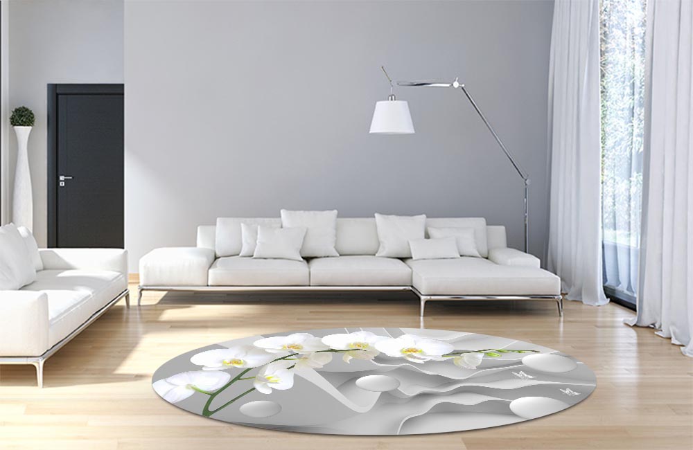 3D Ковер «Белая орхидея на объемном фоне»  Круглый 4