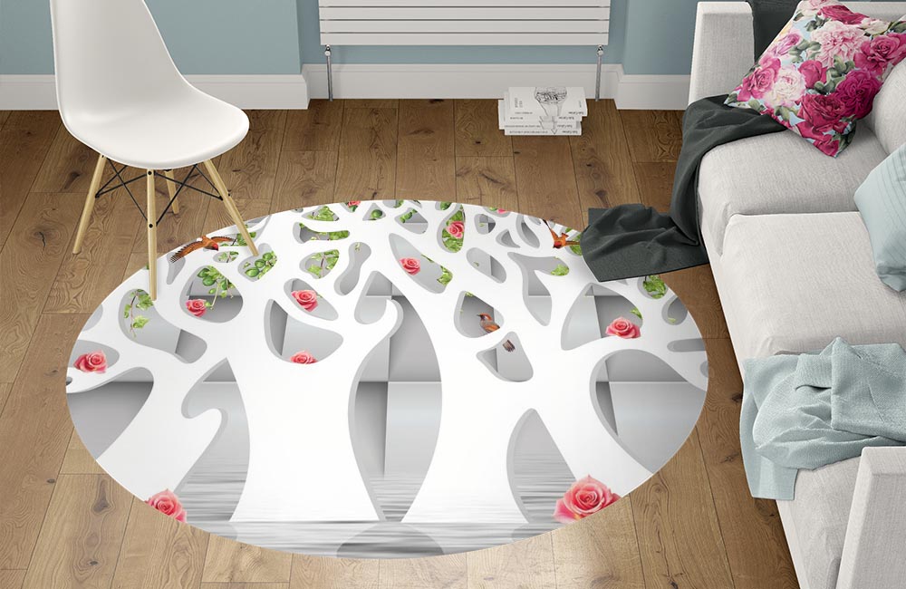 3D Ковер «Абстрактные белые деревья над водой»  Круглый 1