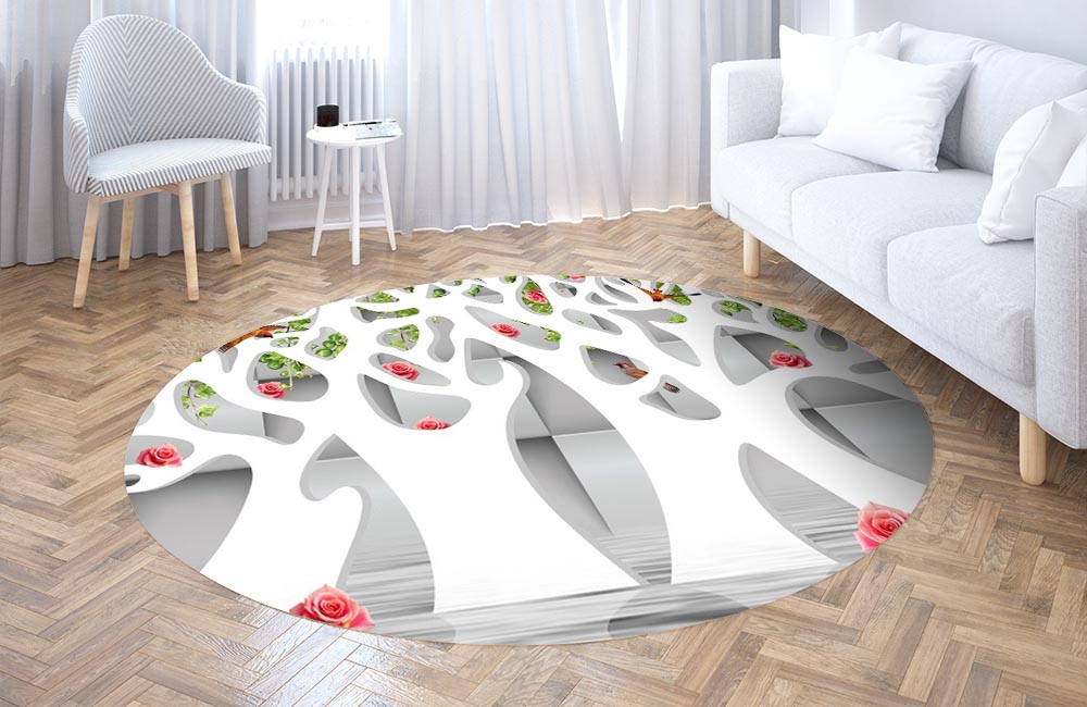 3D Ковер «Абстрактные белые деревья над водой»  Круглый 3