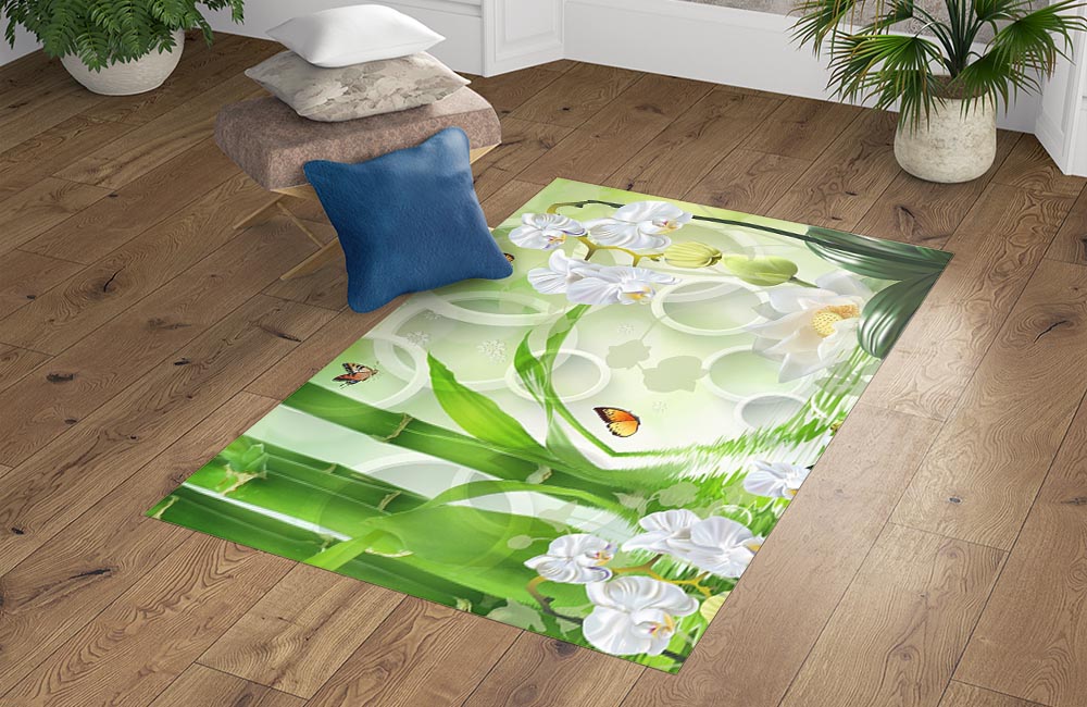 3D Ковер «Орхидеи на салатовом фоне в стиле спа» Прямоугольный 4
