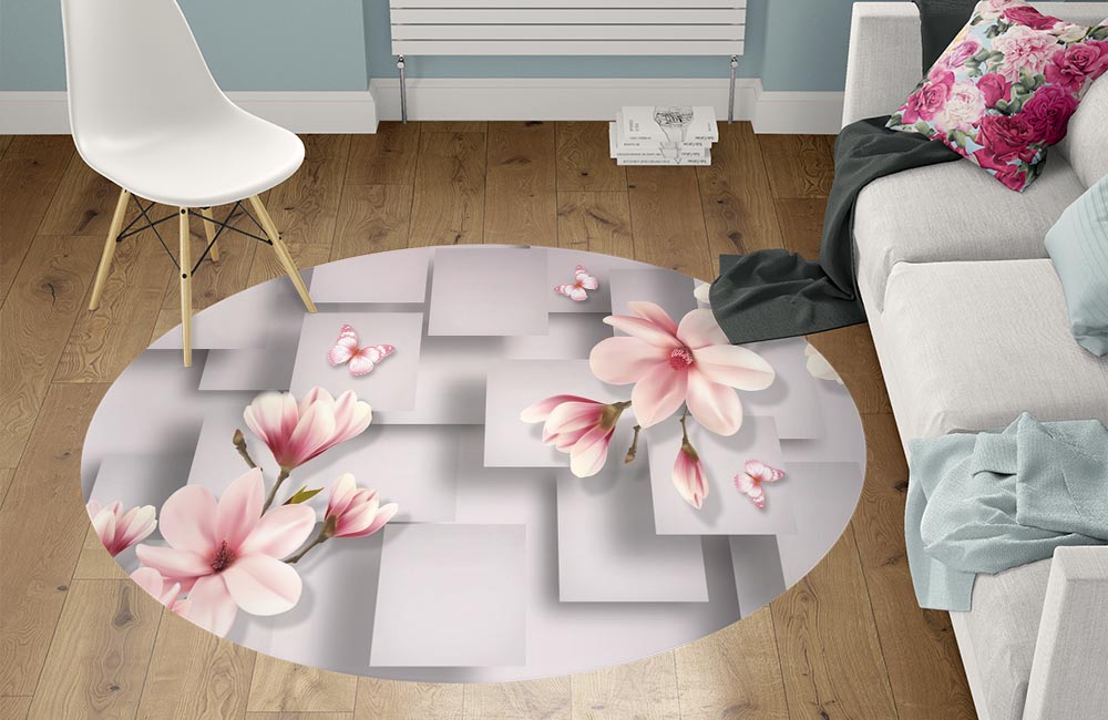 3D Ковер «Розовые магнолии на сером фоне»  Круглый 1
