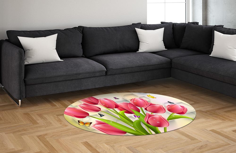 3D Ковер «Яркие тюльпаны и бабочками»   Овальный 1