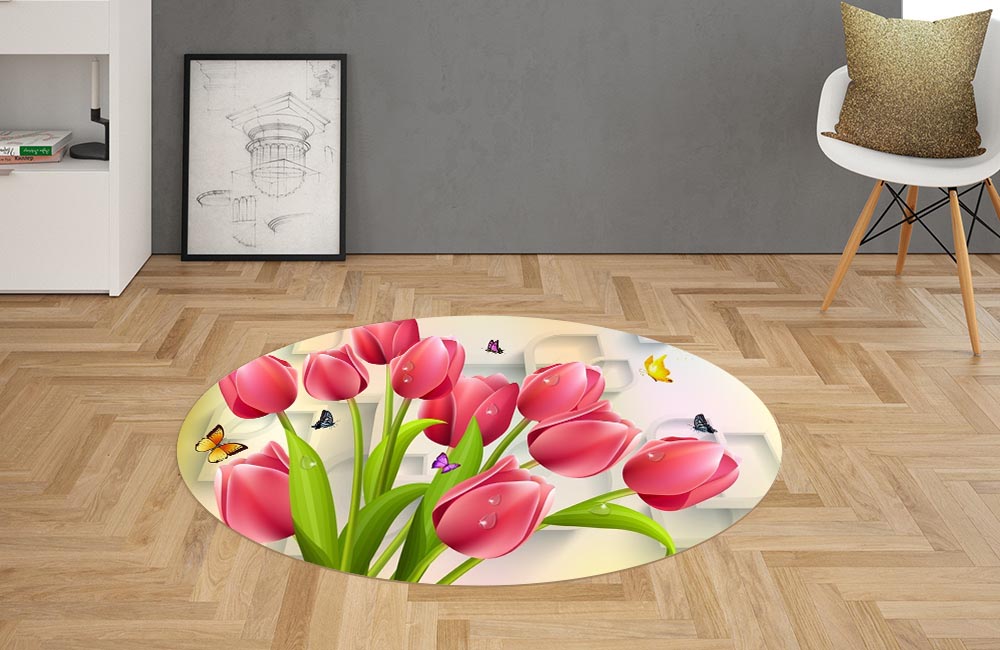 3D Ковер «Яркие тюльпаны и бабочками»   Овальный 2