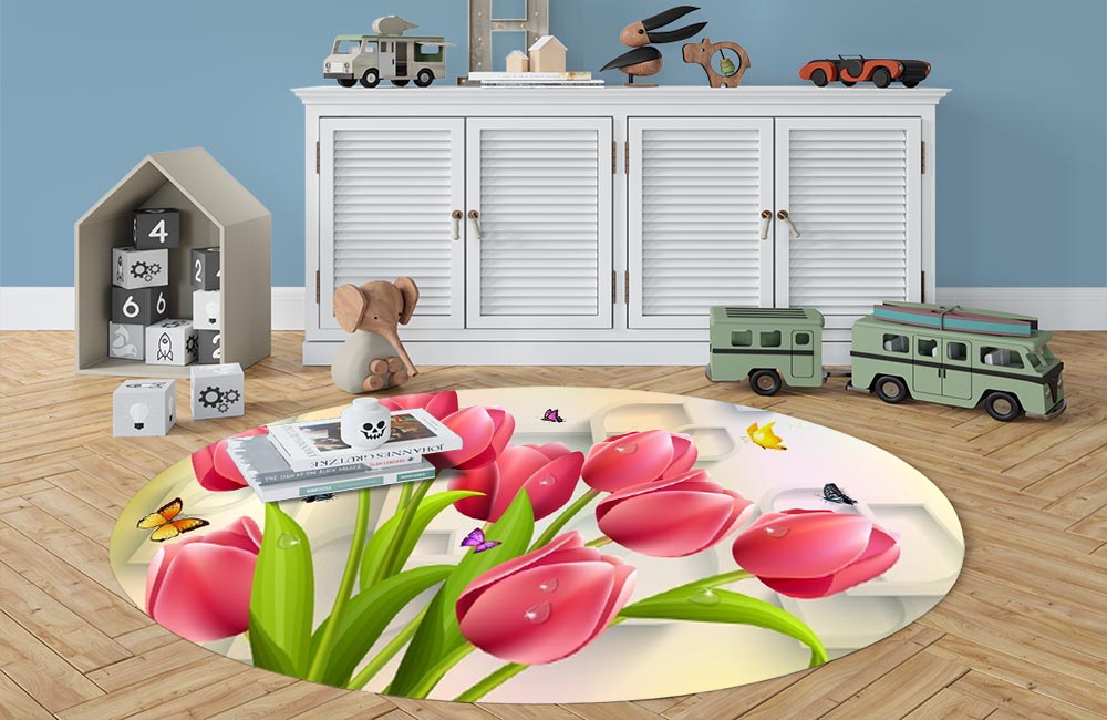 3D Ковер «Яркие тюльпаны и бабочками»   Овальный 3
