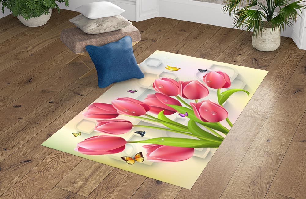 3D Ковер «Яркие тюльпаны и бабочками»   Прямоугольный 4