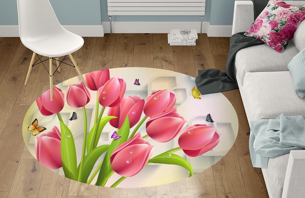 3D Ковер «Яркие тюльпаны и бабочками»   Круглый 1