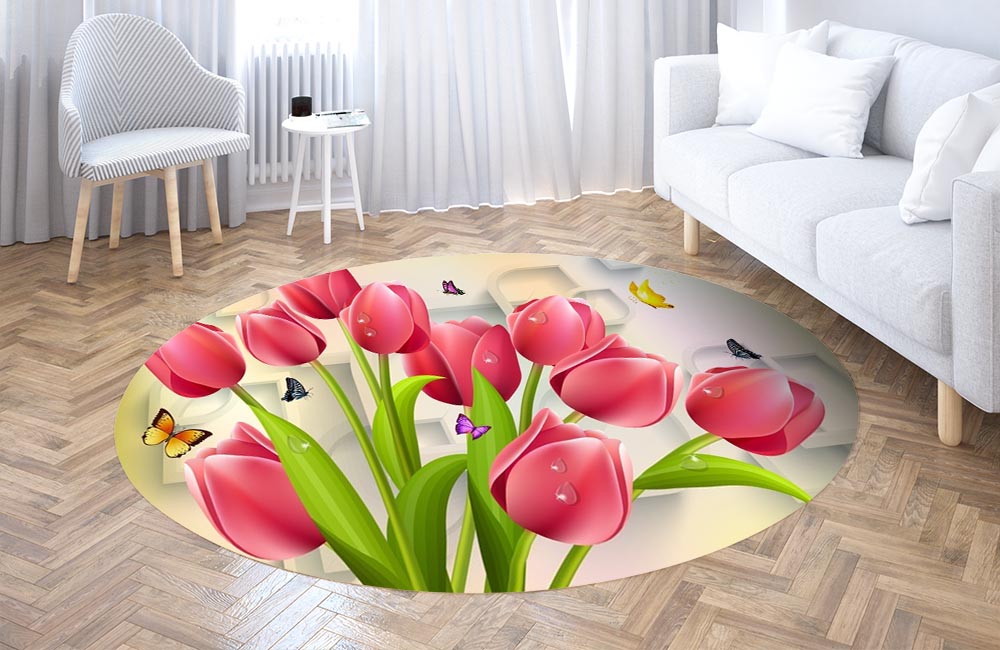 3D Ковер «Яркие тюльпаны и бабочками»   Круглый 3