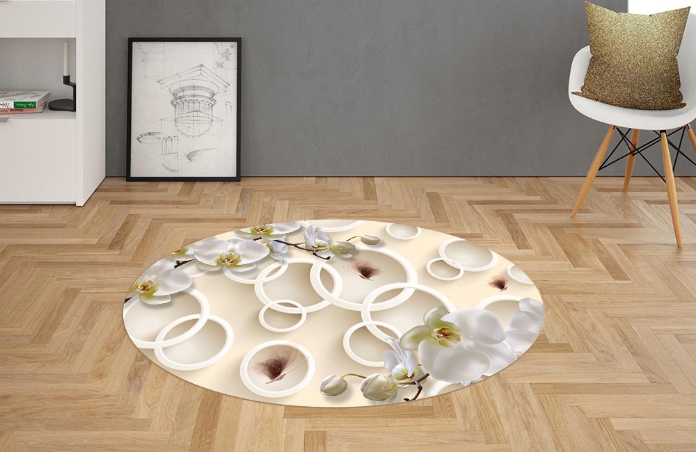 3D Ковер «Кремовые орхидеи с объемными кругами и бабочками» Овальный 2