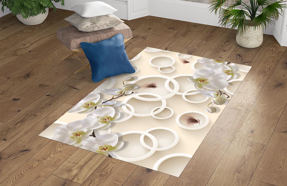 3D Ковер «Кремовые орхидеи с объемными кругами и бабочками» Прямоугольный 4