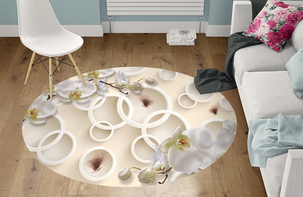 3D Ковер «Кремовые орхидеи с объемными кругами и бабочками» Круглый 1