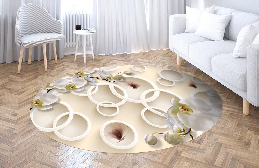 3D Ковер «Кремовые орхидеи с объемными кругами и бабочками» Круглый 3