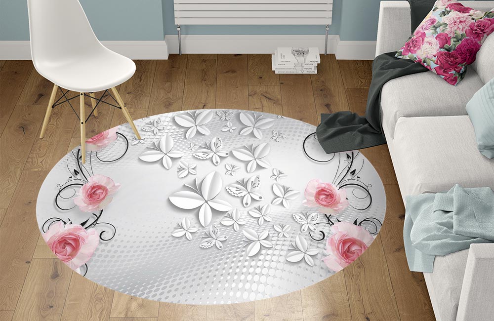 3D Ковер «Лютиковые розы с бабочками»   Круглый 1