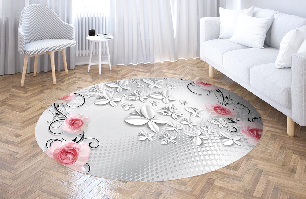 3D Ковер «Лютиковые розы с бабочками»   Круглый 3