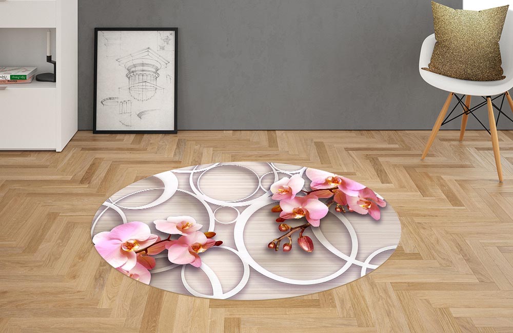 3D Ковер «Розовые орхидеи с кольцами»   Овальный 2