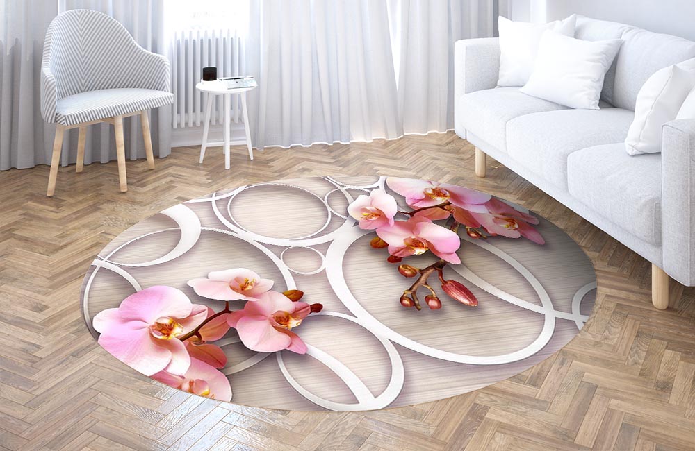 3D Ковер «Розовые орхидеи с кольцами»   Круглый 3
