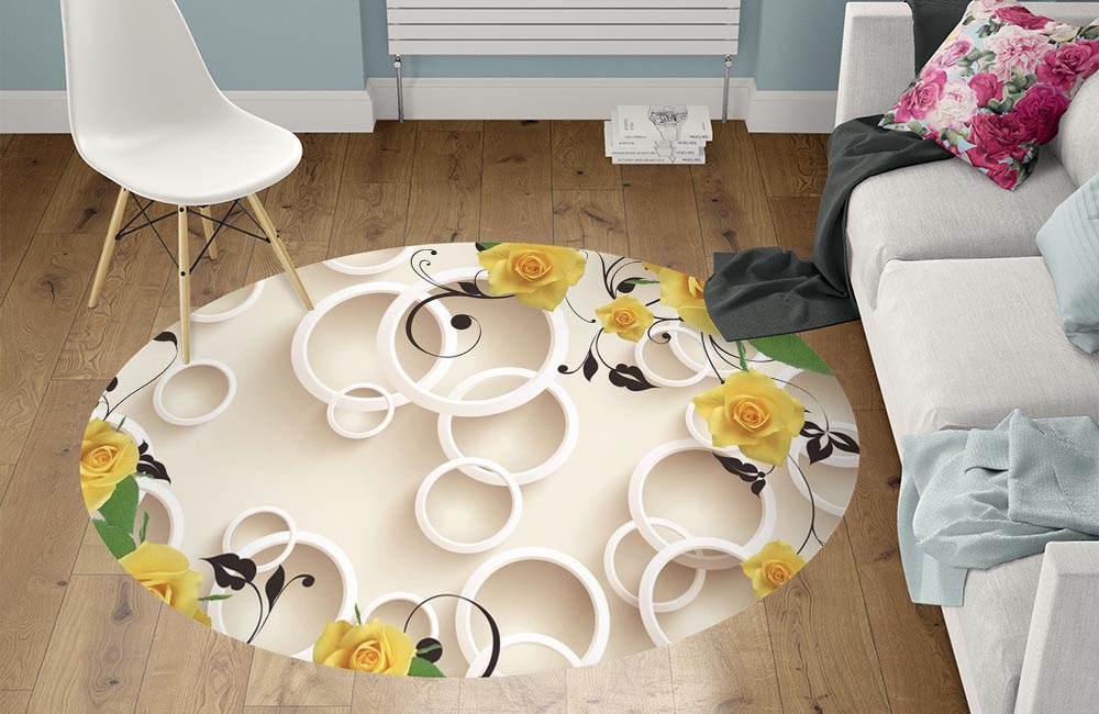 3D Ковер «Лимонные розы на молочном фоне»  Круглый 1
