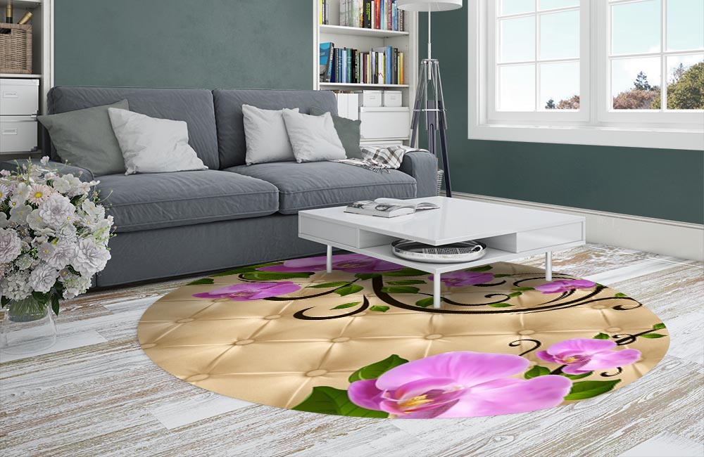 3D Ковер «Розовые орхидеи на песочной коже»  Круглый 2