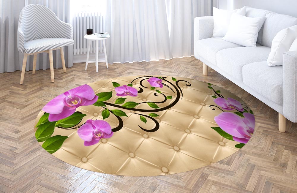 3D Ковер «Розовые орхидеи на песочной коже»  Круглый 3