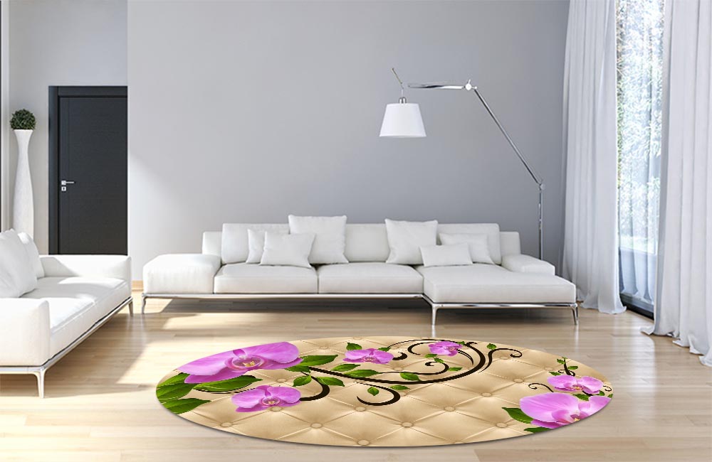 3D Ковер «Розовые орхидеи на песочной коже»  Круглый 4