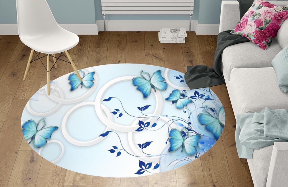 3D Ковер «Небесно голубые бабочки»   Круглый 1