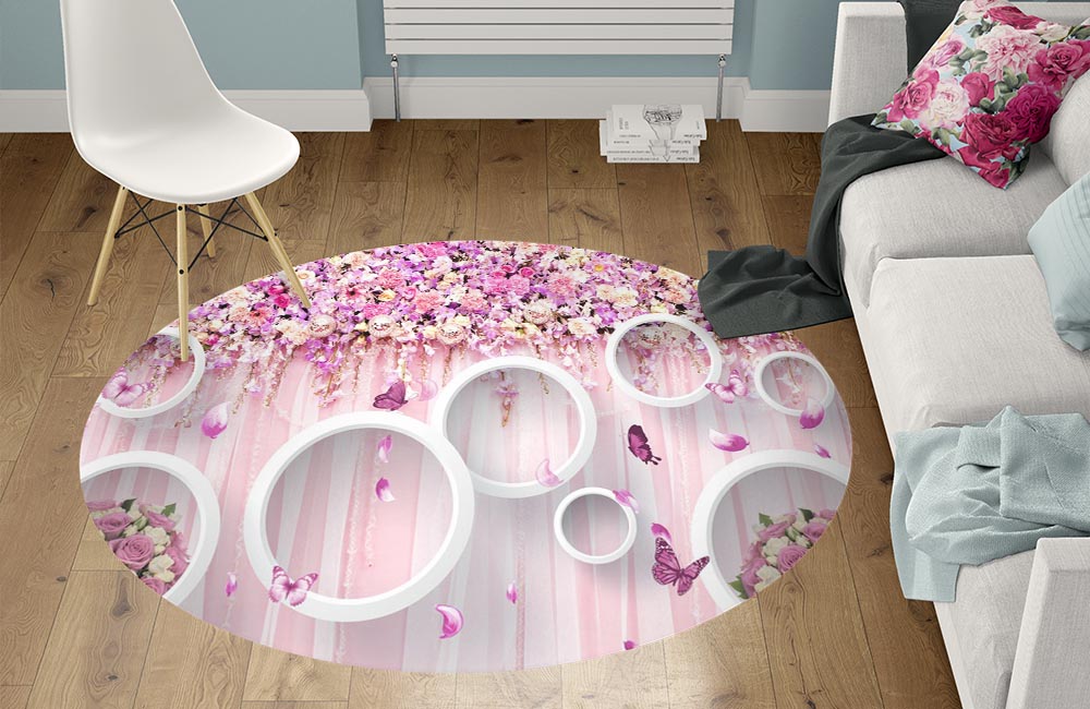 3D Ковер «Ниспадающие цветы с кругами»   Круглый 1