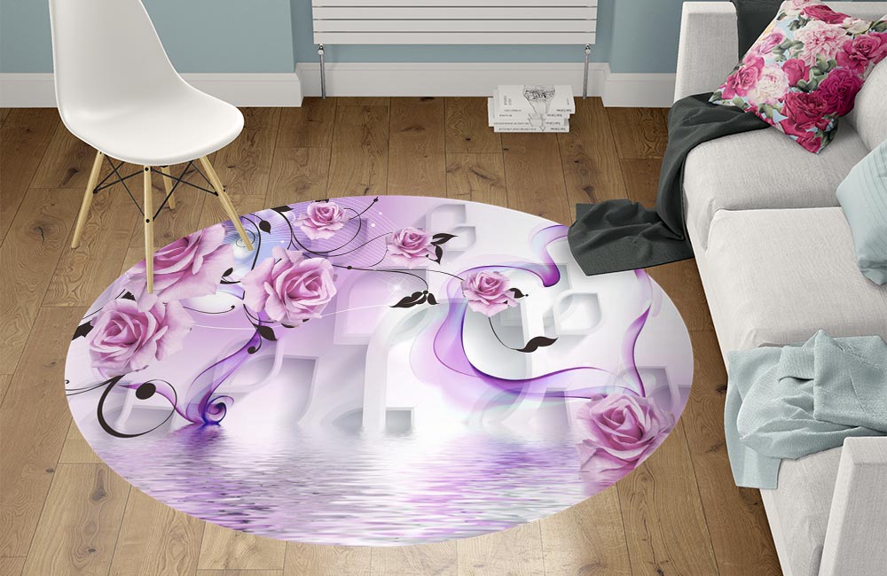 3D Ковер «Розовые цветы над водой отражение»  Круглый 1