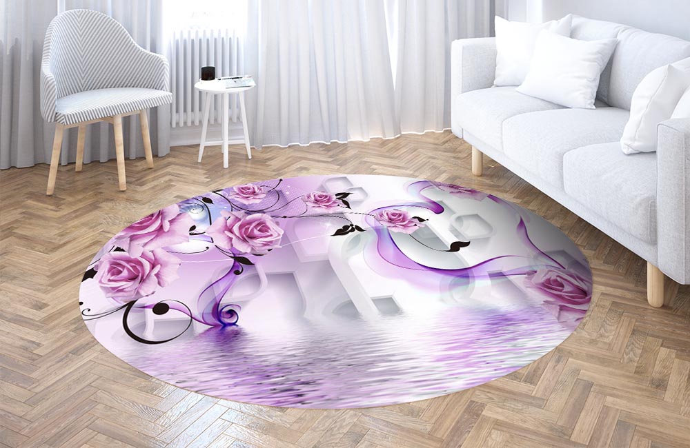 3D Ковер «Розовые цветы над водой отражение»  Круглый 3