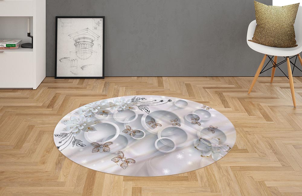 3D Ковер «Объемные круги с драгоценными цветами и бабочками» Овальный 2