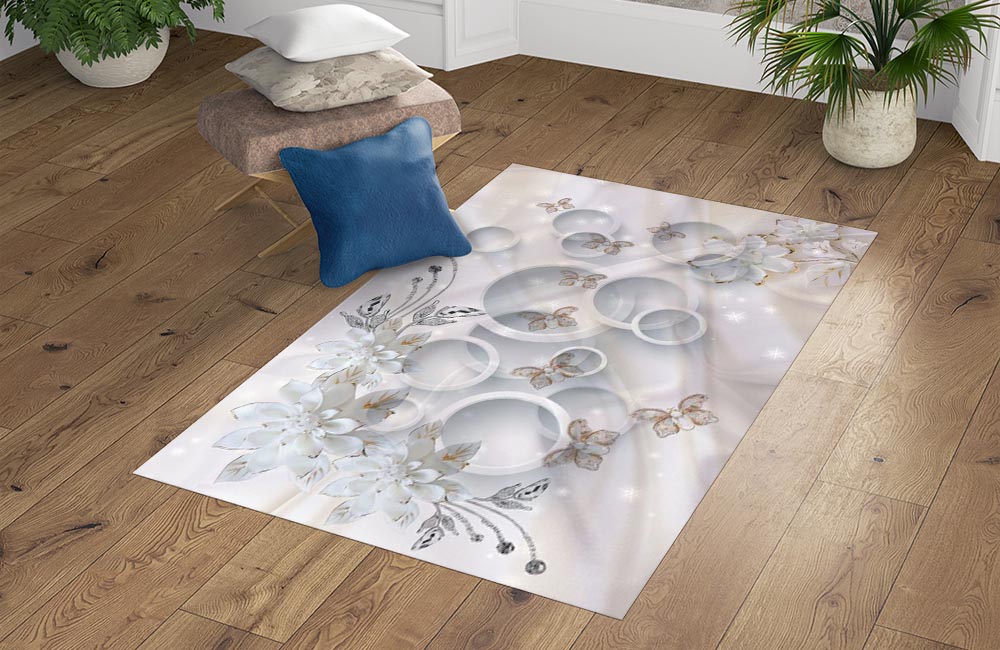 3D Ковер «Объемные круги с драгоценными цветами и бабочками» Прямоугольный 4