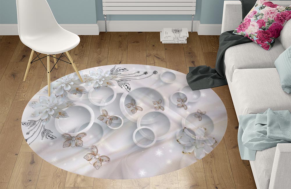 3D Ковер «Объемные круги с драгоценными цветами и бабочками» Круглый 1