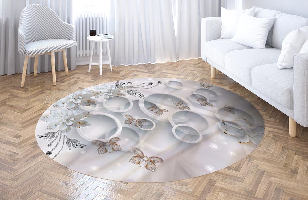 3D Ковер «Объемные круги с драгоценными цветами и бабочками» Круглый 3