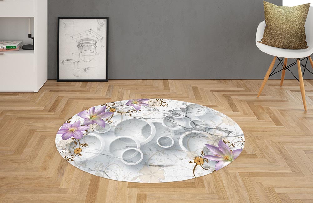 3D Ковер «Лилии с объемными кругами на мраморе» Овальный 2